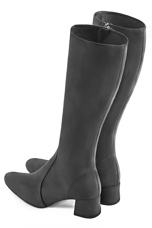 Dark grey women's feminine knee-high boots. Round toe. Low flare heels. Made to measure. Rear view - Florence KOOIJMAN